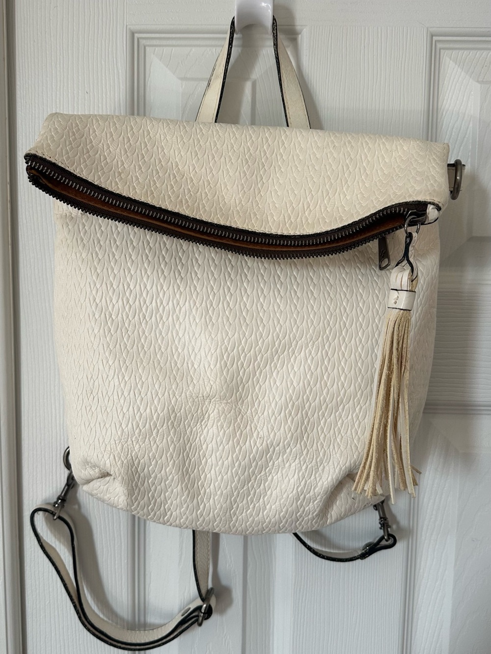Patricia Nash Cream Textured Backpack with Tassel Accent